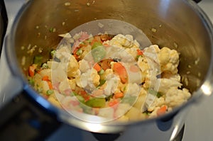 Cooked vegetables in pot