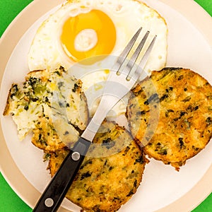 Cooked Vegetarian Bubble And Squeak Cakes With A Fried Egg