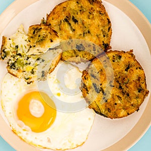 Cooked Vegetarian Bubble And Squeak Cakes With A Fried Egg