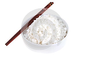 Cooked white boiled rice in big bowl