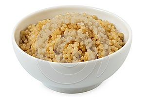 Cooked white quinoa in a white ceramic bowl isolated on white