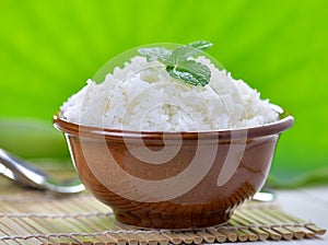 Cooked white rice garnished with mint