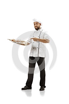 Cooker, chef, baker in uniform isolated on white background, gourmet.