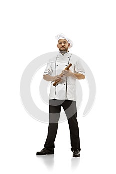 Cooker, chef, baker in uniform isolated on white background, gourmet.