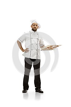 Cooker, chef, baker in uniform isolated on white background, gourmet.