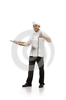 Cooker, chef, baker in uniform isolated on white background, gourmet.