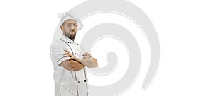 Cooker, chef, baker in uniform isolated on white background, gourmet.