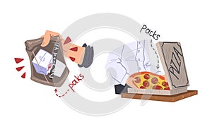 Cookers packing pizza and noodles in paper boxes set cartoon vector illustration