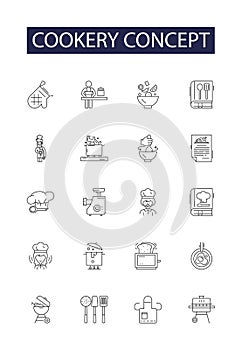 Cookery concept line vector icons and signs. Cuisine, Recipe, Baking, Chef, Food, Grill, Stewing, Roasting outline