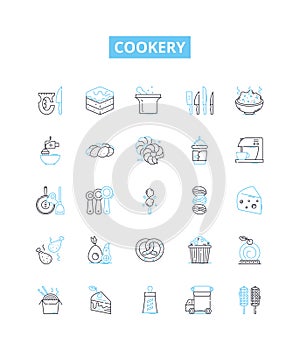 Cookery vector line icons set. Ingredients, Recipe, Measurement, Techniques, Tools, Flavorings, Seasonings illustration