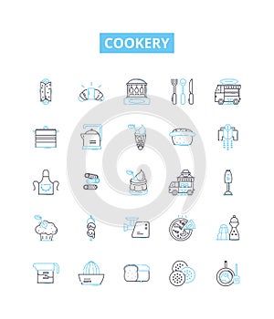 Cookery vector line icons set. Ingredients, Recipe, Measurement, Techniques, Tools, Flavorings, Seasonings illustration