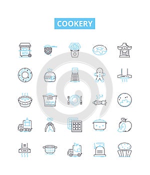 Cookery vector line icons set. Ingredients, Recipe, Measurement, Techniques, Tools, Flavorings, Seasonings illustration