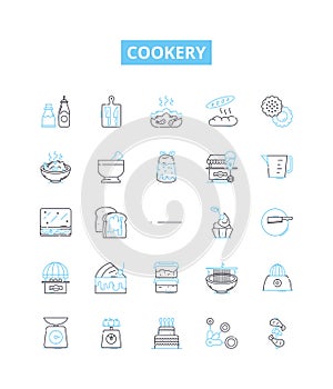 Cookery vector line icons set. Ingredients, Recipe, Measurement, Techniques, Tools, Flavorings, Seasonings illustration