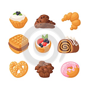 Cookie cakes tasty snack delicious chocolate homemade pastry biscuit sweet dessert bakery food vector illustration