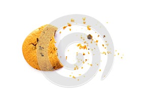 Cookie with crumbs overhead view isolated on white