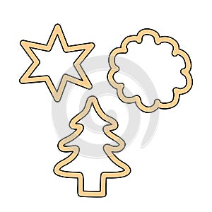 Cookie cutters in different shapes, star, round, Christmas tree, doodle style vector illustration