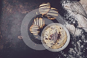 Cookie dough, chocolate biscuits, preparing dough for baking