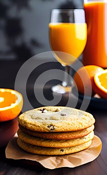 Cookie with glass of orange juice and fresh fruits on wooden table