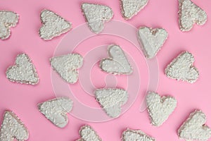 cookie hearts on pink background, background, texture for valentines day