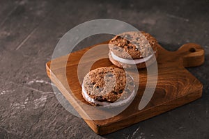 Cookie Ice Cream Sandwich Isolated on rustic wooden table