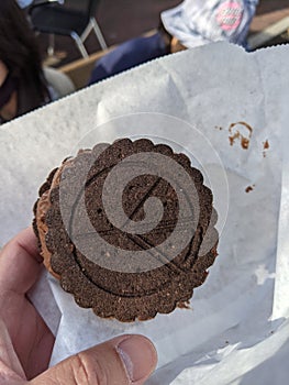 Cookie ice cream sandwich with peace sign