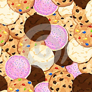 Cookie Pile Seamless Background with Chocolate Chip, Fudge, Sugar, Iced, Oatmeal Raisin Cookies