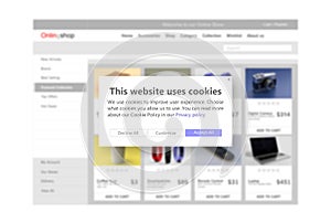 Cookie policy information message. Website ask user permission for personal data use