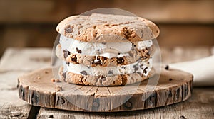 A cookie sandwich with ice cream and chocolate chips