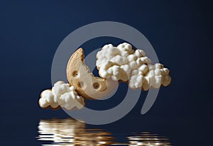 Cookie in a shape of the moon and whipped cream clouds.