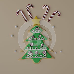 Cookie and sweets in the shape of an chritmas tree. 3D rendering.