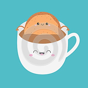 Cookie taking a bath in a coffee mug. Cookies and cup. Cute face set. Pink cheeks, eyes, mouth. Kawaii funny food character.
