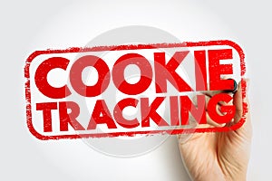 Cookie Tracking shown in bold red stamp-style text with a hand holding a marker, representing website analytics, online behavior