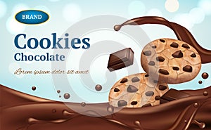 Cookies advertizing. Healthy delicious food chocolate biscuits on table vector ads placard or banner