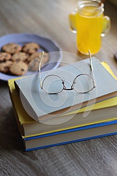 Cookies, Books, Glasses, Drink, Phone and Pen