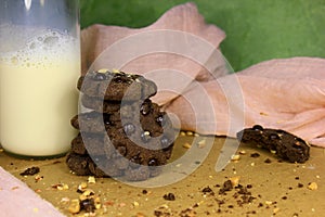 Cookies with chocolate granules served with a glass of milk are very appropriate served as morning snacks, have a lot of protein,