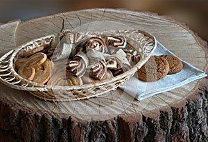 Cookies chocolate, house on a wooden background