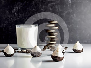 Cookies & Cream Cake Balls, truffle like dessert with a fresh glass of cold milk, a silver spoon, chocolate sandwich cookies and c