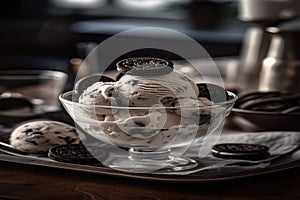 Cookies and cream ice cream, served in a glass dish - generative AI