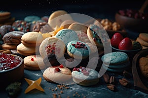 cookies on a dark background in the style of the sixties