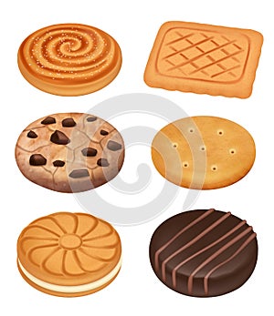 Cookies. Delicious food dessert sweets creamy biscuits with chocolate crumbles pieces crackers vector realistic