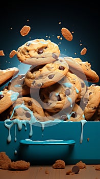 Cookies escape a paper box, contrasting beautifully with turquoise blue surroundings
