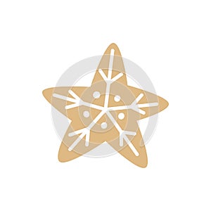 Cookies gingerbread in shape of star or snowflake with frosting in a cartoon style. Festive sweet cookie on white