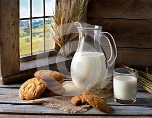 Cookies, a glass and a jug of fresh milk