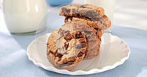 cookies with milk on a blue background. american chocolate chip cookie closeup. pastries on the table. sweets on a plate