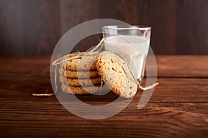 Cookies and milk. Chocolate chip cookies and a glass of milk. Vintage look.