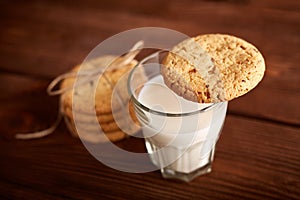 Cookies and milk. Chocolate chip cookies and a glass of milk. Vintage look.