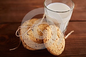 Cookies and milk. Chocolate chip cookies and a glass of milk. Vintage look.