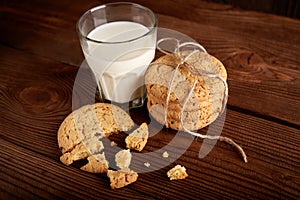 Cookies and milk. Chocolate chip cookies and a glass of milk. Vintage look.