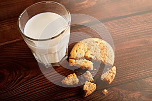 Cookies and milk. Chocolate chip cookies and a glass of milk. Vintage look.