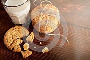 Cookies and milk. Chocolate chip cookies and a glass of milk. Vintage look.